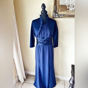 David’s Bridal Satin and Chiffon Navy Bridesmaid Dress with Bolero/Shrug